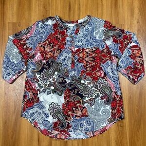 Christopher & Banks Red Blue Mandarin Collar Blouse